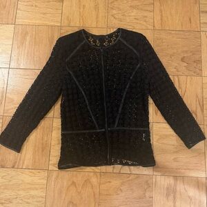 Black floral lace zip-up jacket with faux leather piping